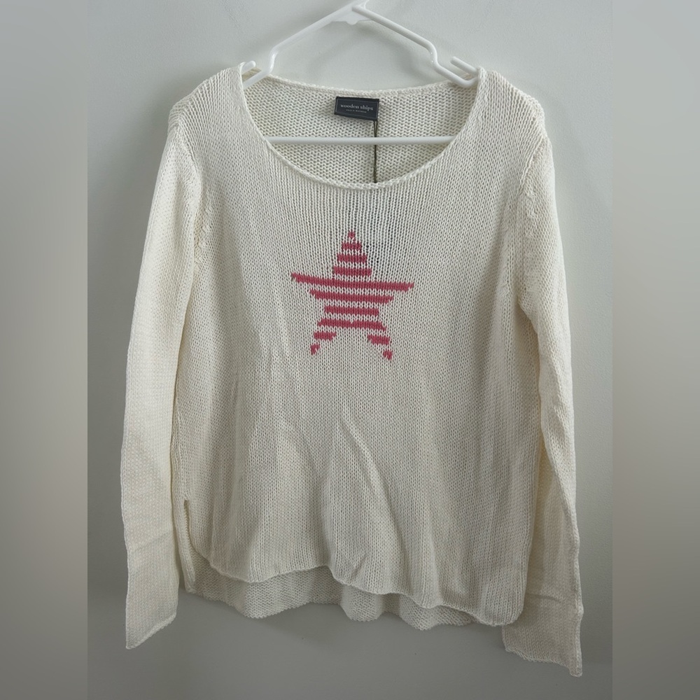 Wooden Ships NWT Cream White Lightweight Pink Star Knit Sweater Womens S / M